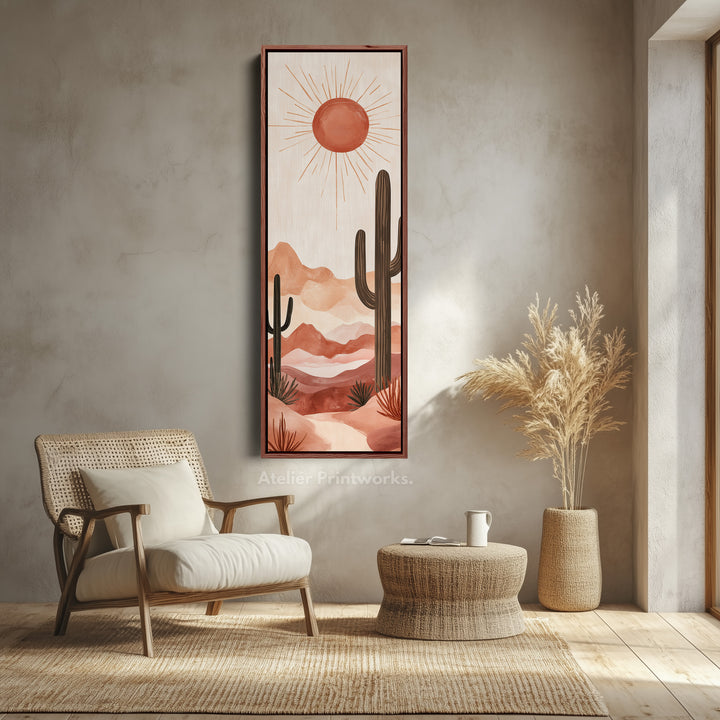 Long Tall Vertical Framed Canvas Wall Art Cacti Desert Landscape