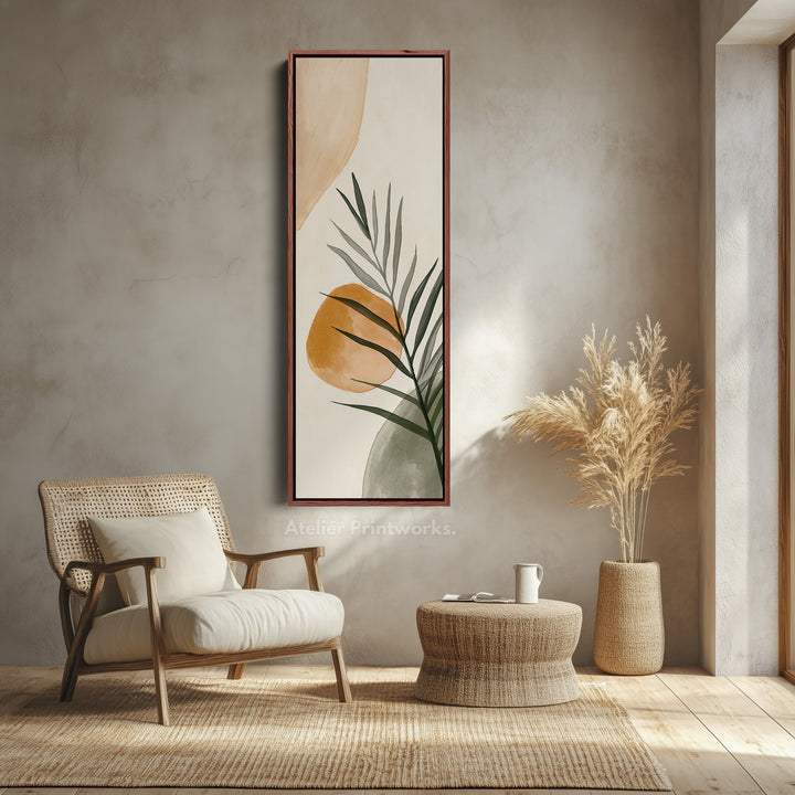 Vertical Beige & Green Botanical Abstract Long Framed Canvas
