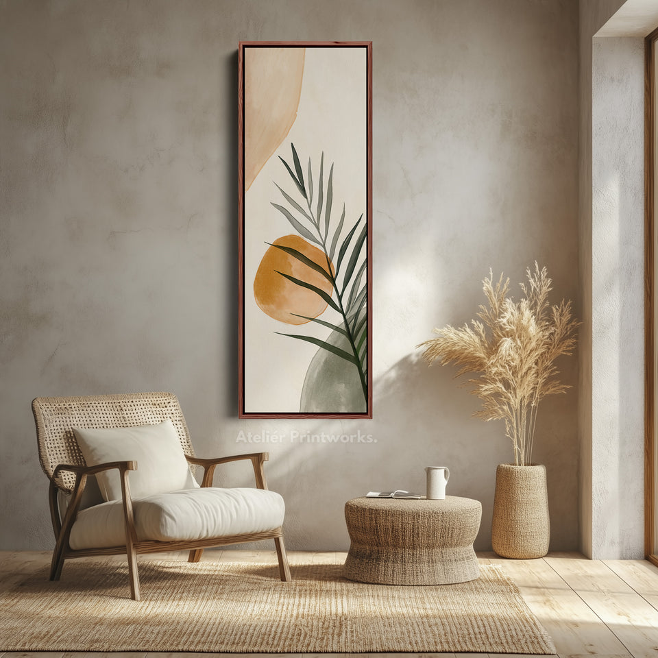 Vertikale beige und grüne botanische abstrakte lange gerahmte Leinwand