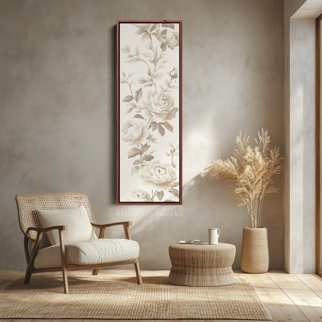 Décoration murale longue toile encadrée avec pivoines beiges verticales florales
