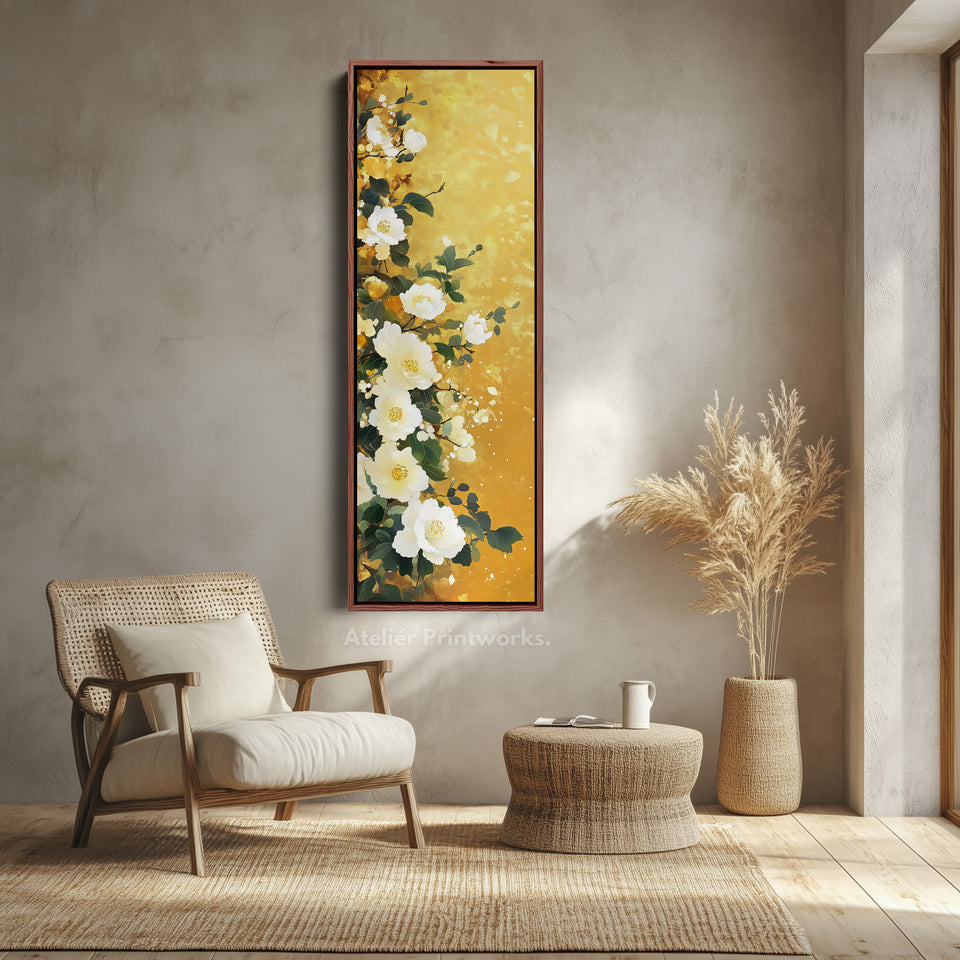Vertikale weiße und goldene Blumen lange gerahmte Leinwanddekoration