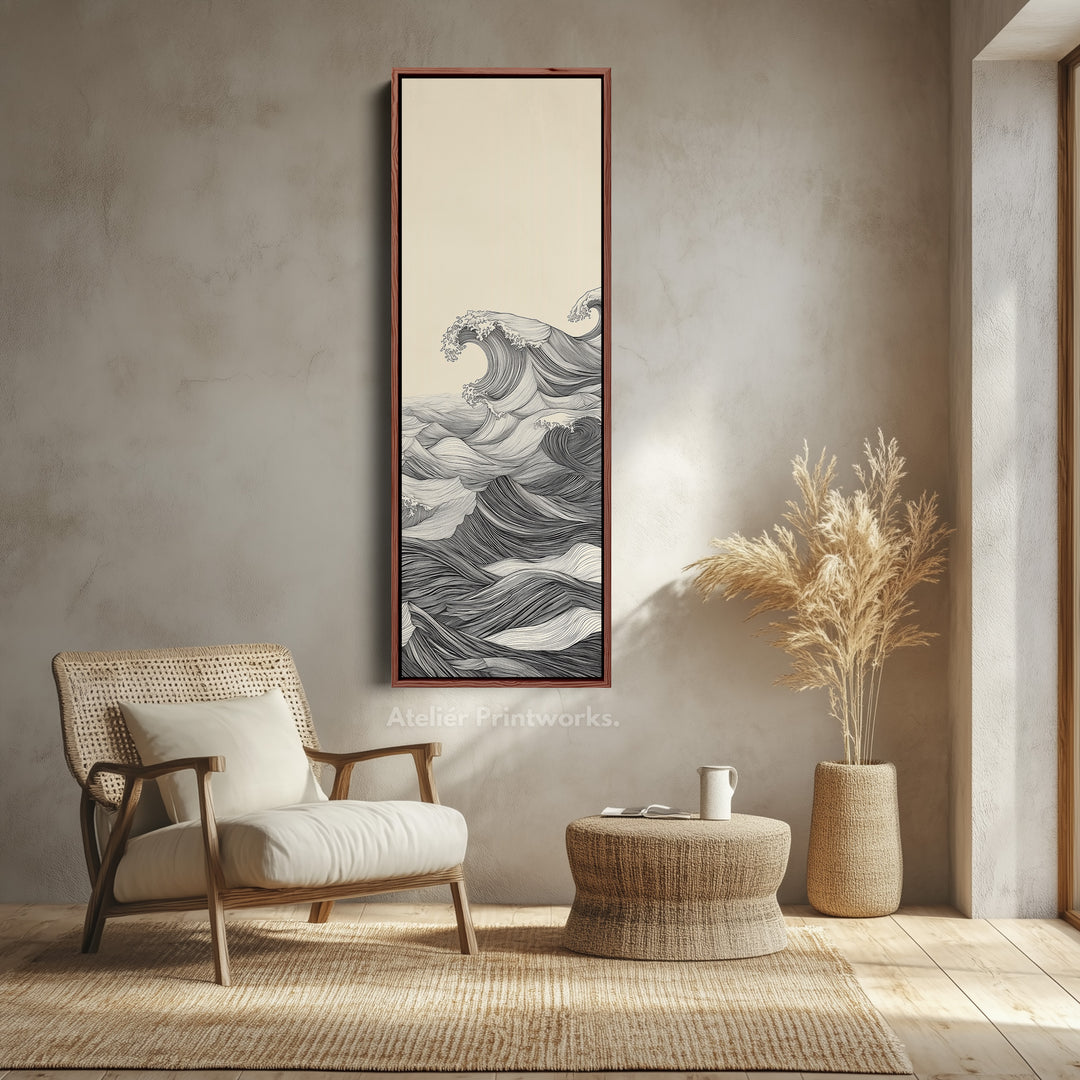 Décoration murale verticale abstraite vague océan longue encadrée sur toile