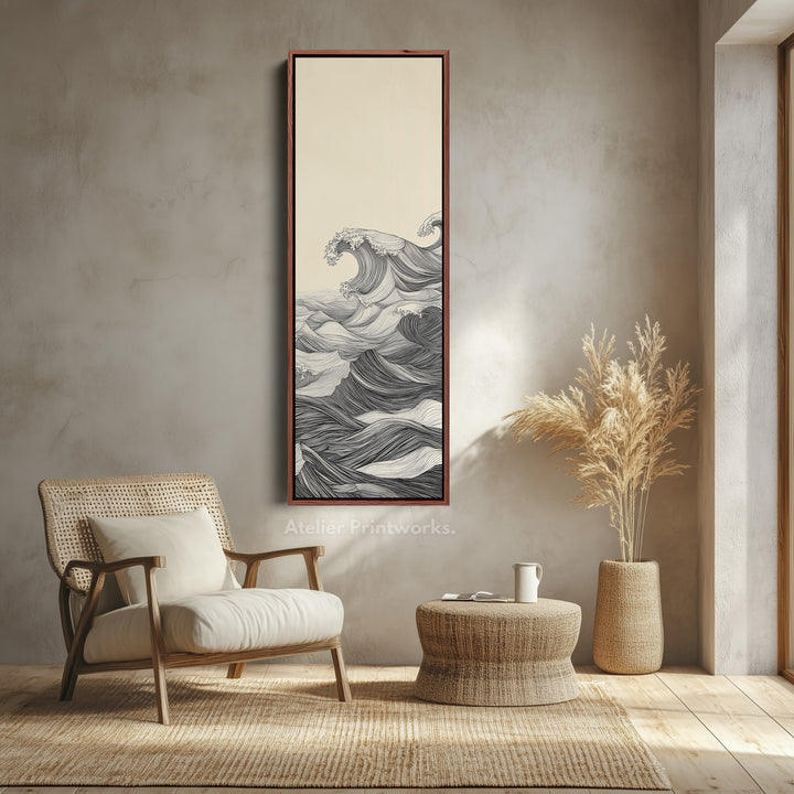 Décoration murale verticale abstraite vague océan longue encadrée sur toile