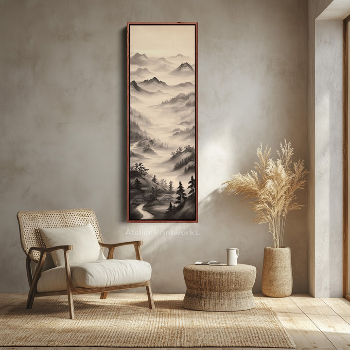 Vertical Chinese Landscape Painting Long Framed Canvas Decor