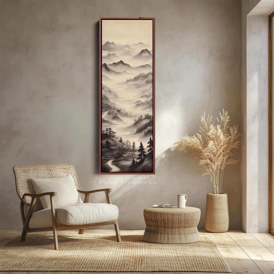 Peinture verticale de paysage chinois longue toile encadrée décor