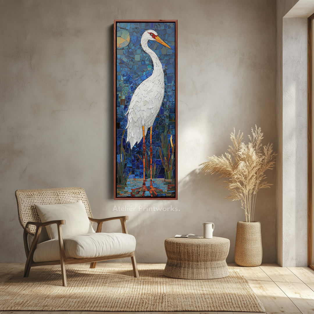 Vertical Hallway Mosaic White Crane Wall Art Long & Narrow