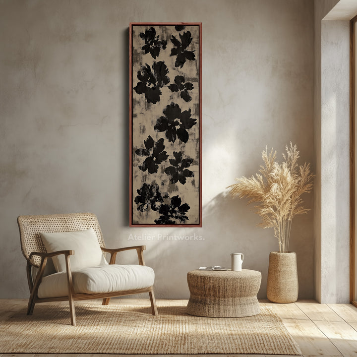 Black Abstract Floral Vertical Long Framed Canvas Wall Art