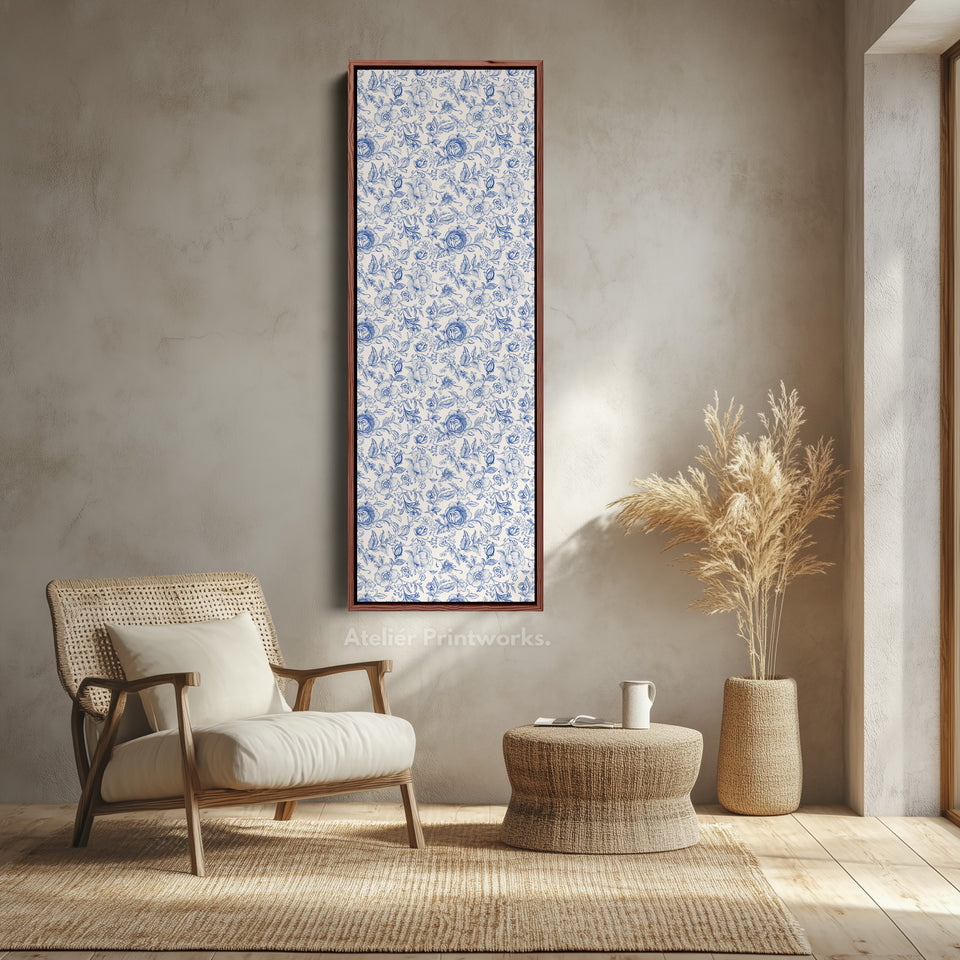 Vertical Floral Long Wall Art Blue & White Peonies