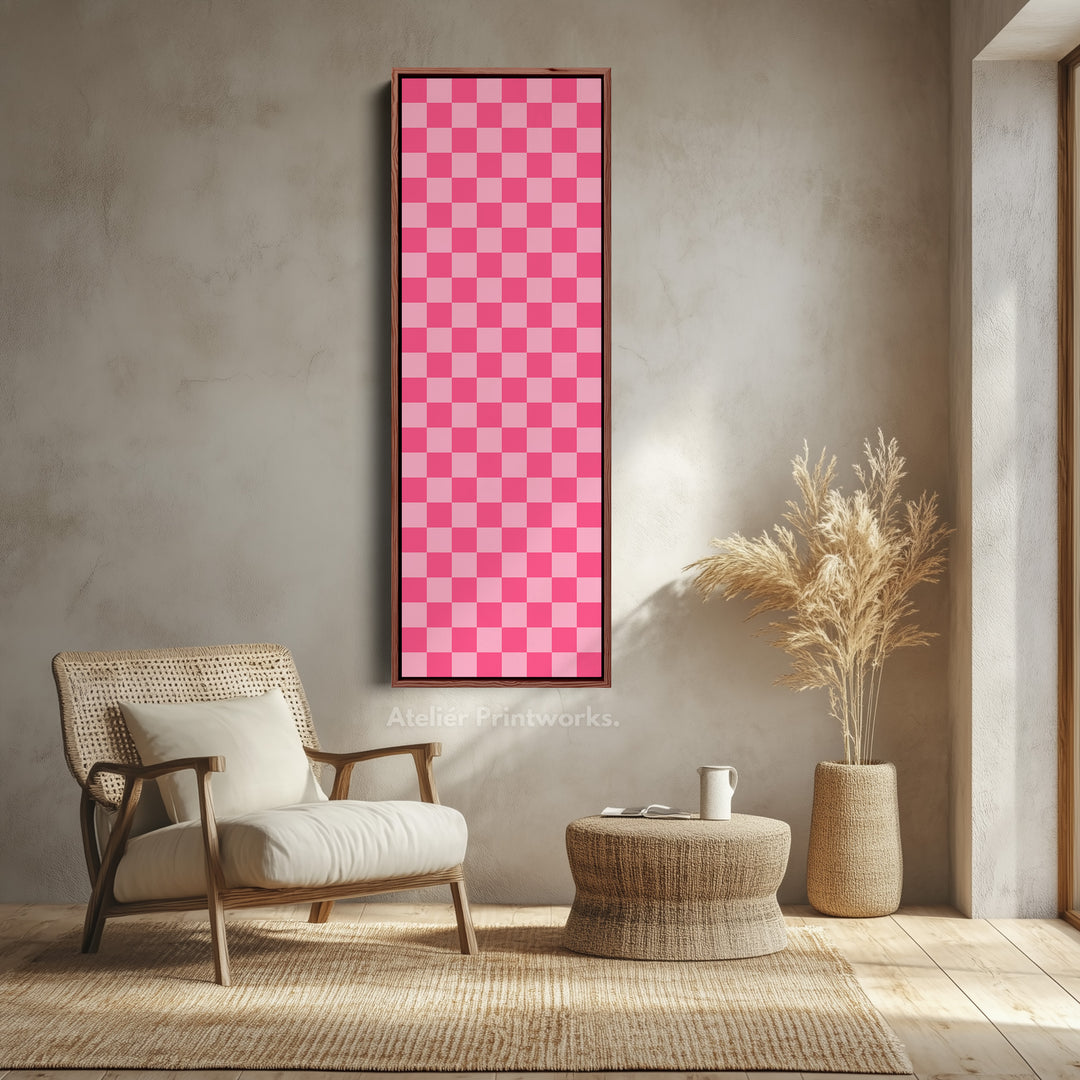 Pink Checkered Gingham Vertical Slim Wall Art