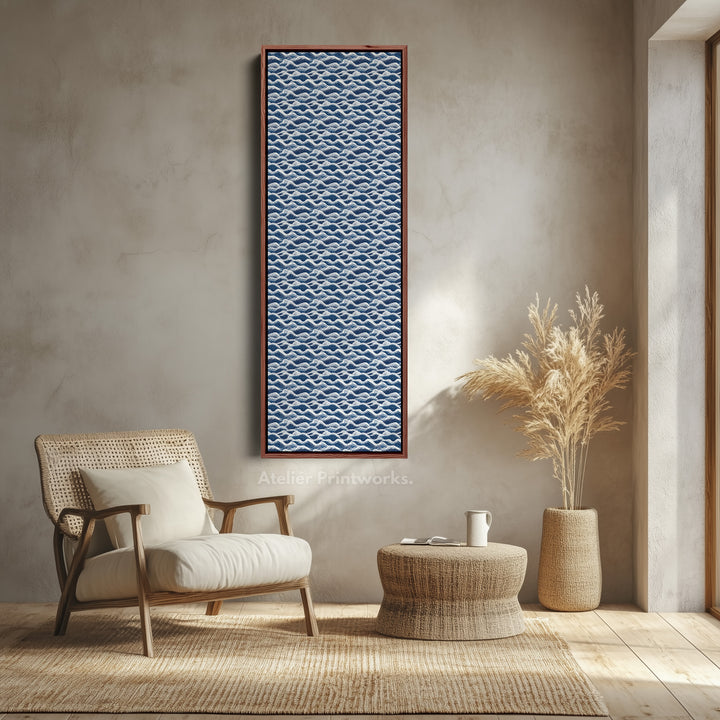 Japandi Blue Wave Vertical Tall Framed Wall Decor