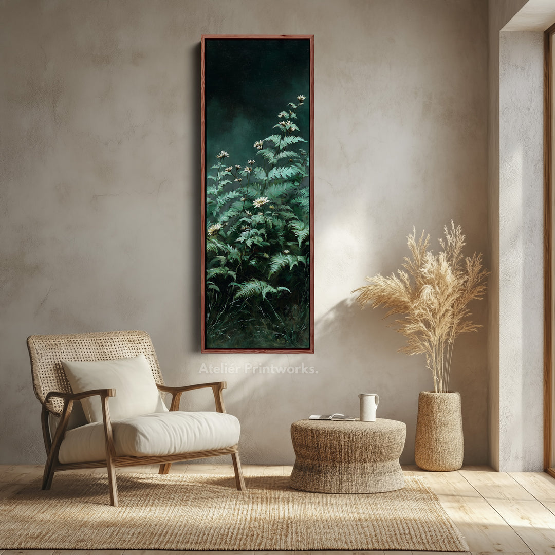 Toile encadrée verticale vert foncé – Accent mural fin de fleurs sauvages