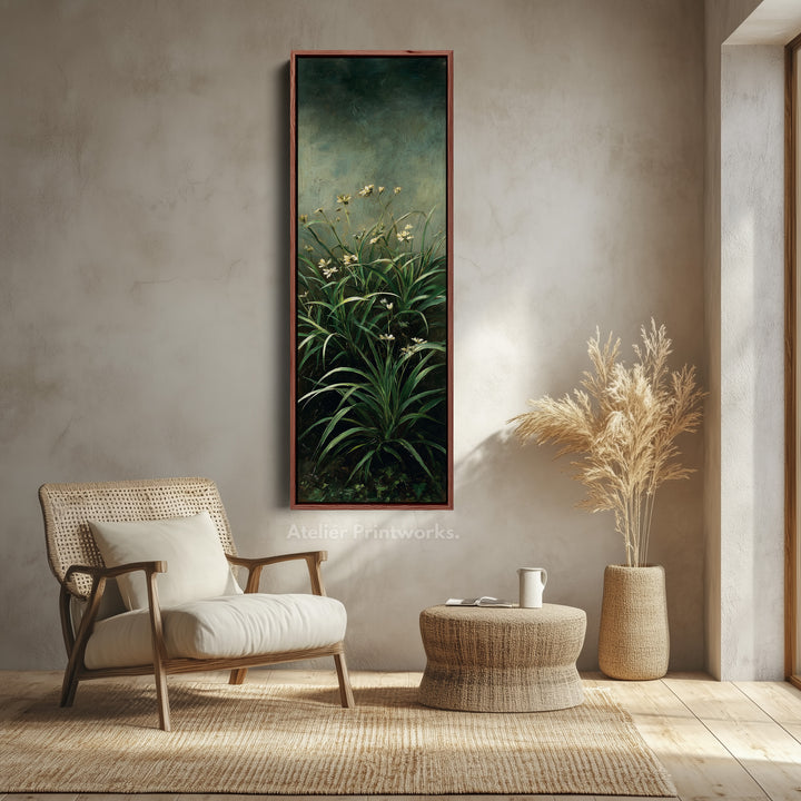 Flowers in Green Vertical Framed Canvas Art for Narrow Spaces