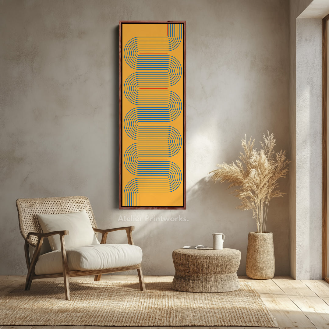 Playful Retro Curves Mustard Vertical Framed Canvas for Bedroom or Creative Workspace