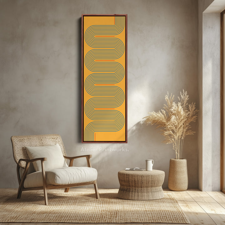 Playful Retro Curves Mustard Vertical Framed Canvas for Bedroom or Creative Workspace