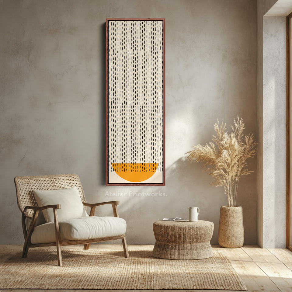 Minimalistische oranje halve cirkel verticale ingelijste canvas wanddecoratie voor hal of slaapkamer