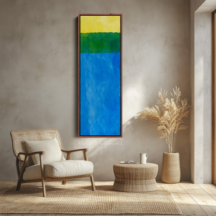 Abstract Horizon Blue and Yellow Vertical Framed Canvas Wall Art for Bedroom or Living Room