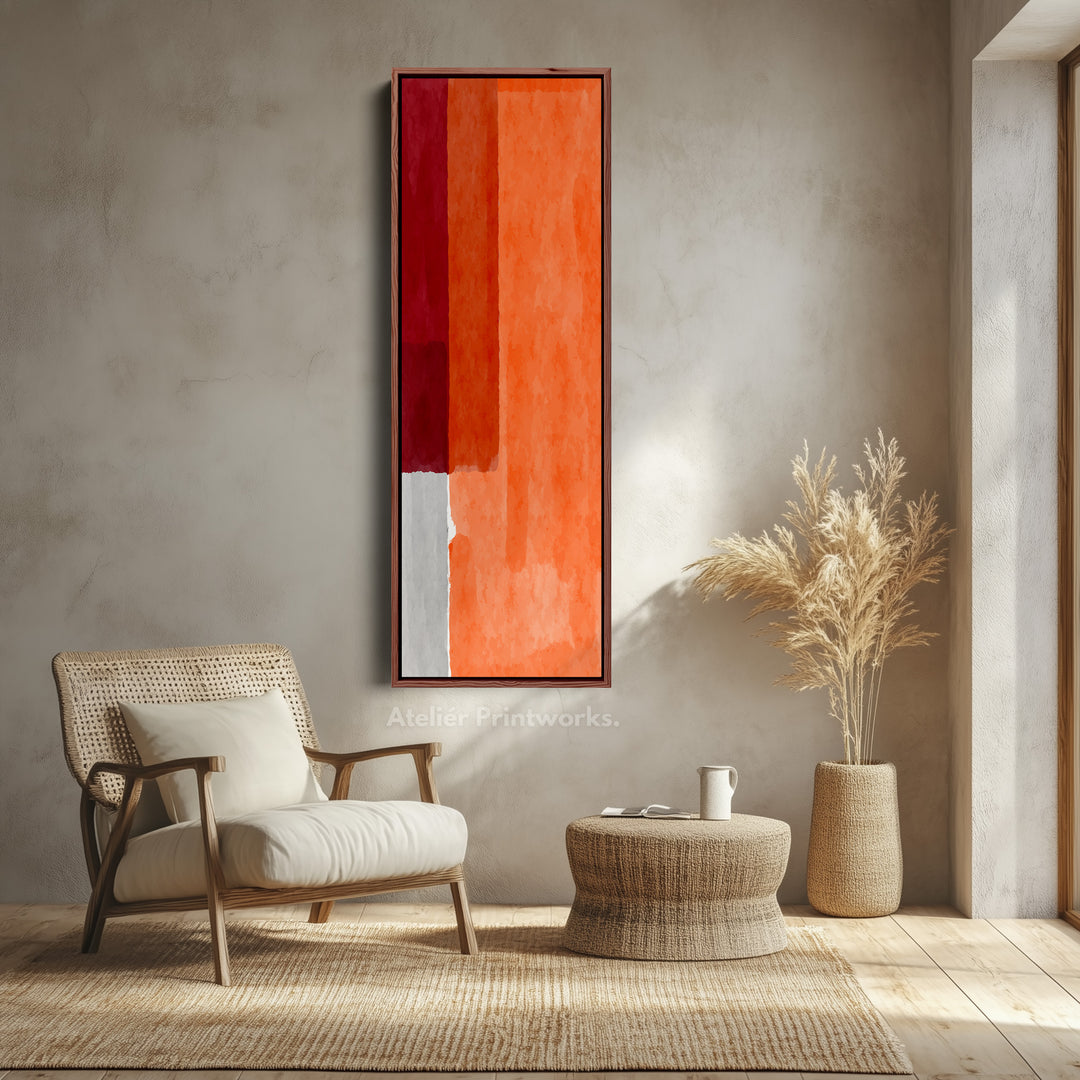 Toile encadrée verticale abstraite avec blocs rouges et orange pour salon ou chambre à coucher