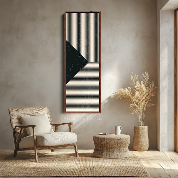 Minimalist Black and Beige Stripes Vertical Framed Canvas Wall Art for Hallway or Office