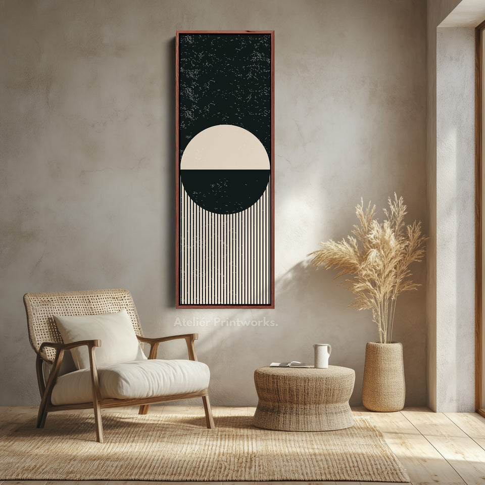 Toile murale encadrée minimaliste à rayures circulaires verticales pour bureau ou chambre