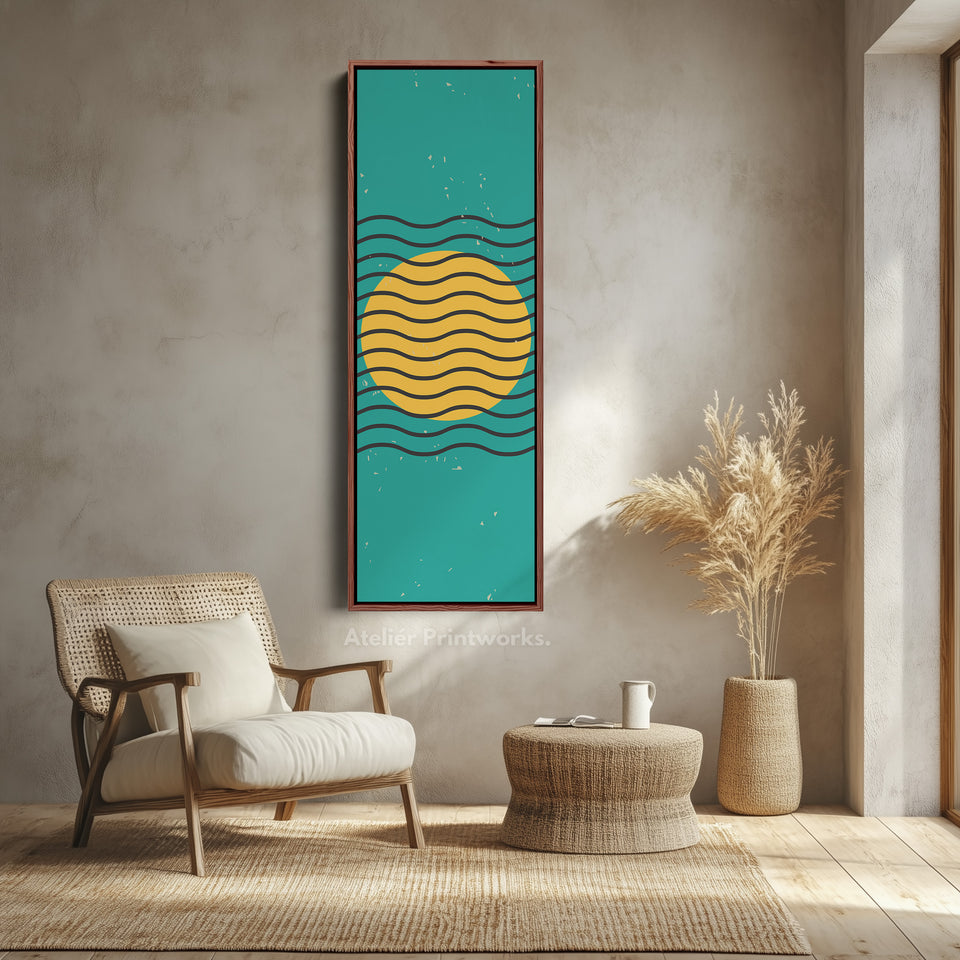 Teal and Yellow Minimalist Sun Vertical Framed Canvas Wall Art for Hallway or Bedroom