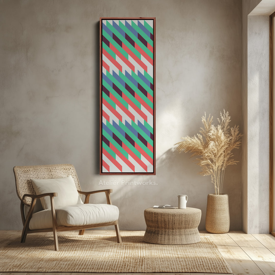 Retro Diagonal Stripes Vertical Framed Canvas Wall Art for Bedroom or Hallway
