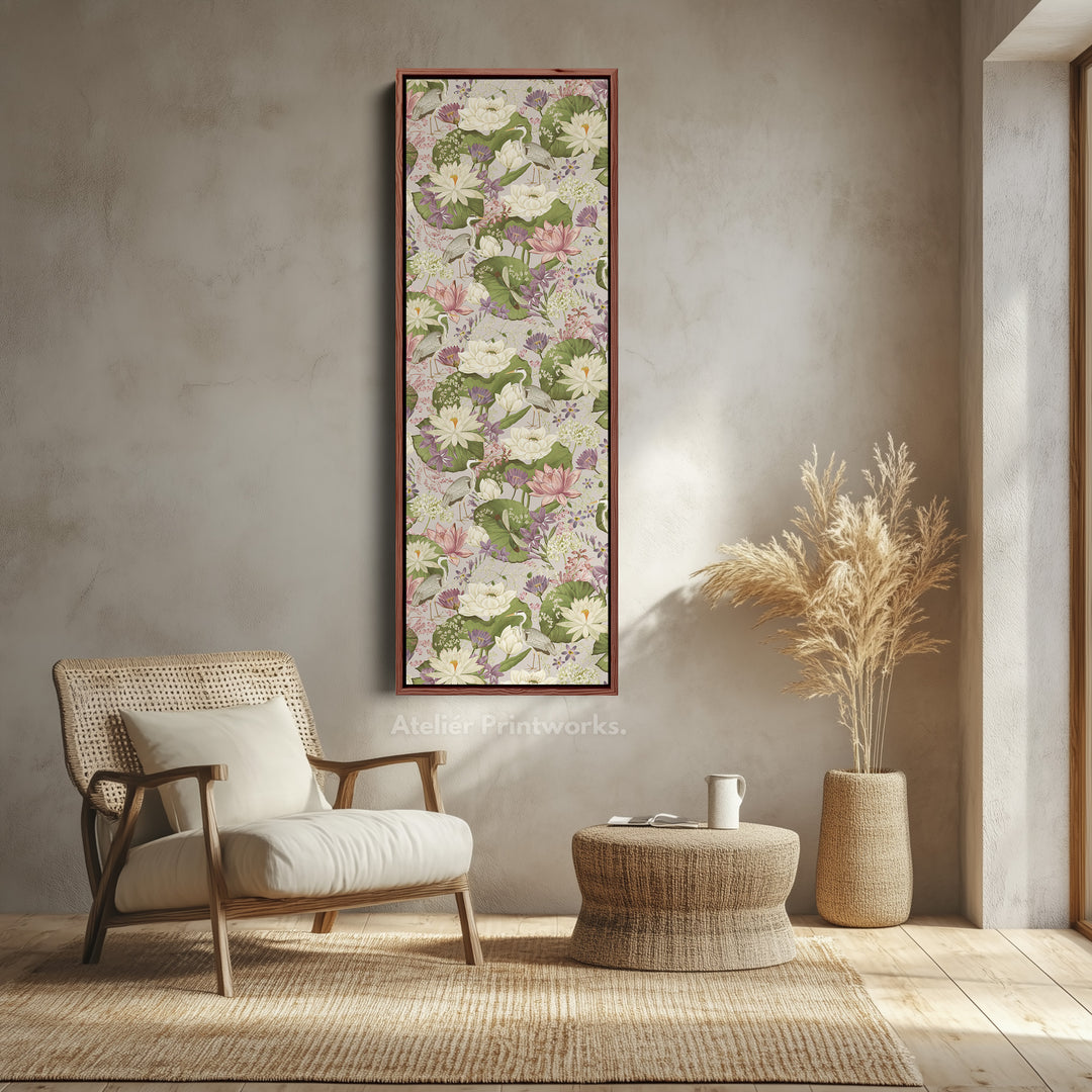 Vertical Framed Canvas Botanical Lotus Narrow Wall Art For Bedroom