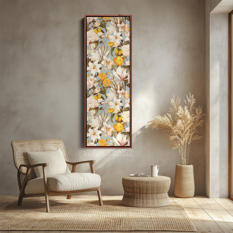 Long Vertical Canvas Yellow White Florals Narrow Wall Art For Kitchen