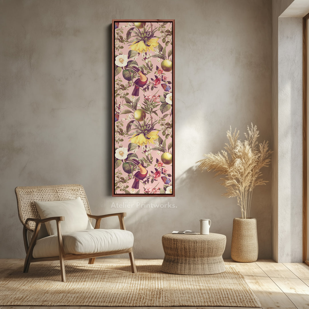 Vertical Wall Art Yellow Flowers And Pink Botanical Skinny Wall Art For Bedroom