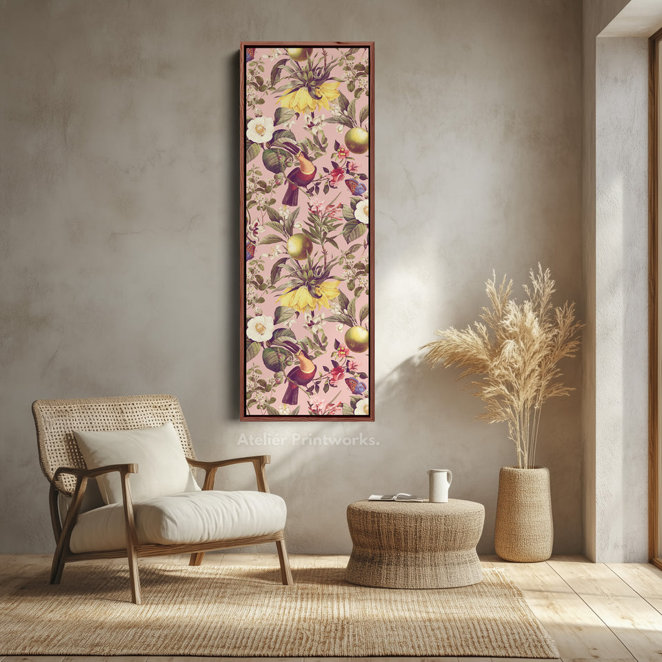 Vertical Wall Art Yellow Flowers And Pink Botanical Skinny Wall Art For Bedroom