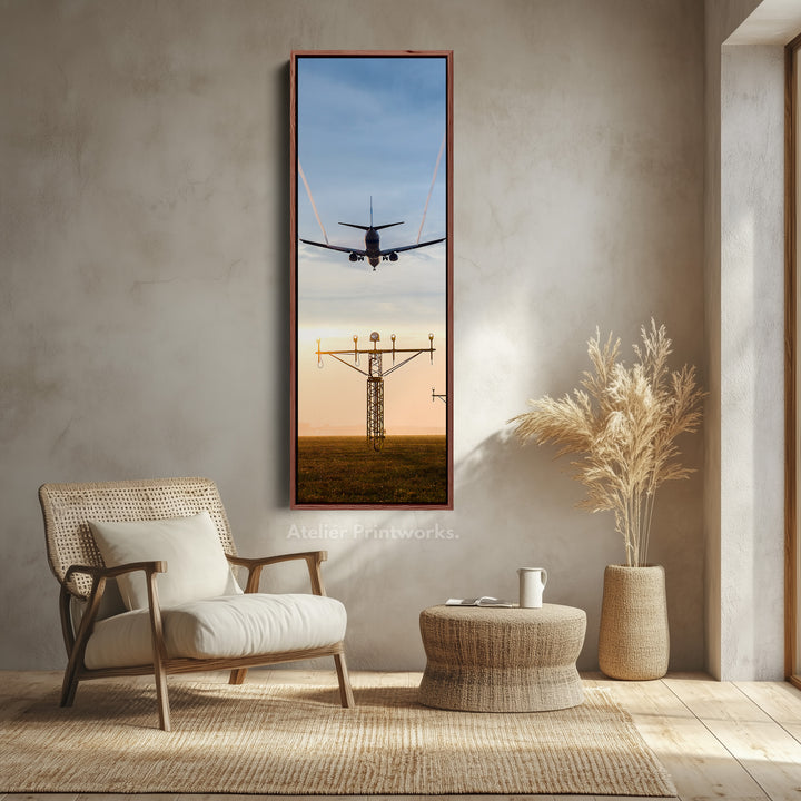 Long Vertical Canvas Airplane Landing Narrow Wall Art For Office