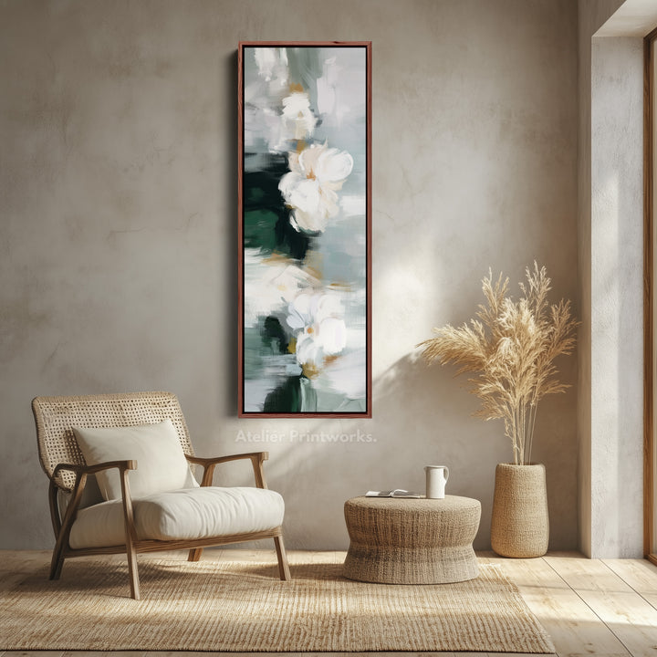 Vertical Wall Art White Floral On Deep Green For Bedroom Or Hallway