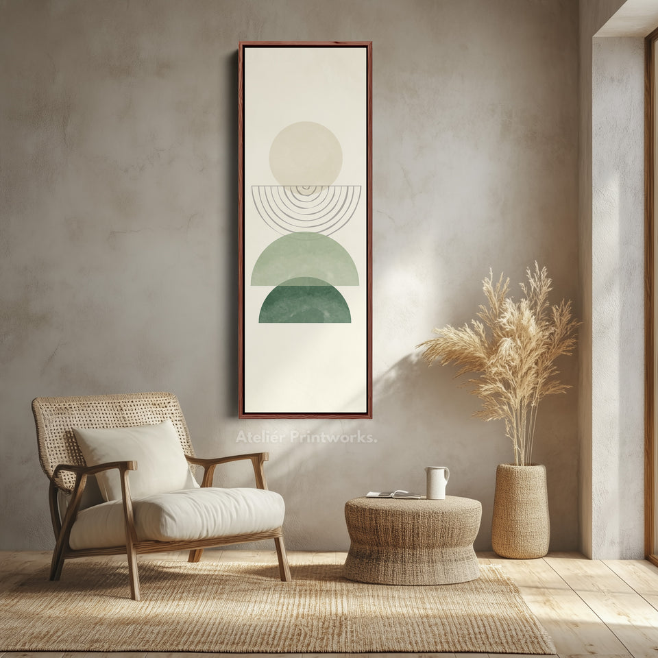 Vertical Framed Canvas Abstract Stacked Shapes In Green And Beige