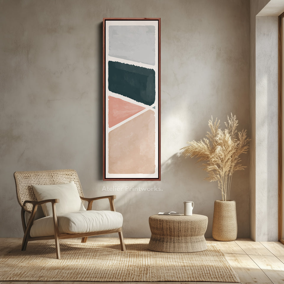 Vertical Framed Canvas Blue Grey Abstract With Modern Shapes