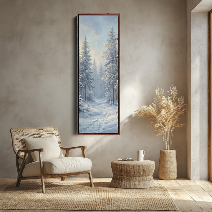 Panoramic Wall Art Snowy Forest Path Vertical Canvas Print For Hallway