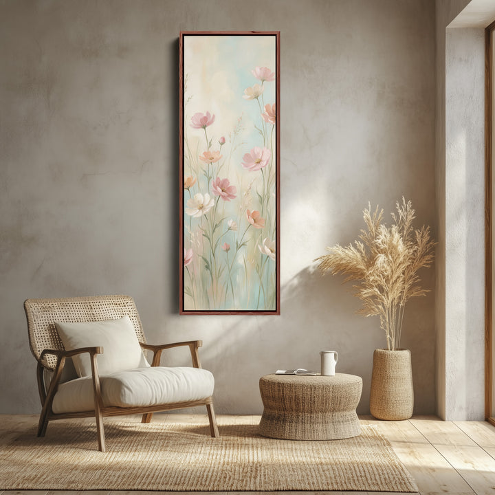 Long Wall Art Soft Pink Wildflowers Statement Wall Decor For Bedroom