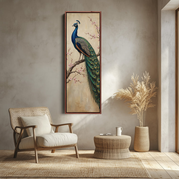 Peacock On Branch Large Wall Art Framed Canvas Print Office
