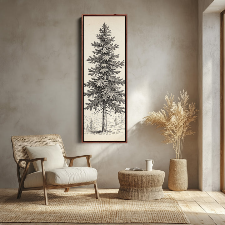 Vintage Pine Illustration Vertical Wall Art Wide Canvas Office