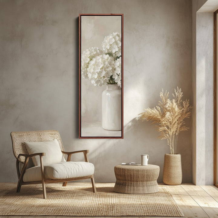 White Hydrangea Tall Wall Art Neutral Canvas Bedroom