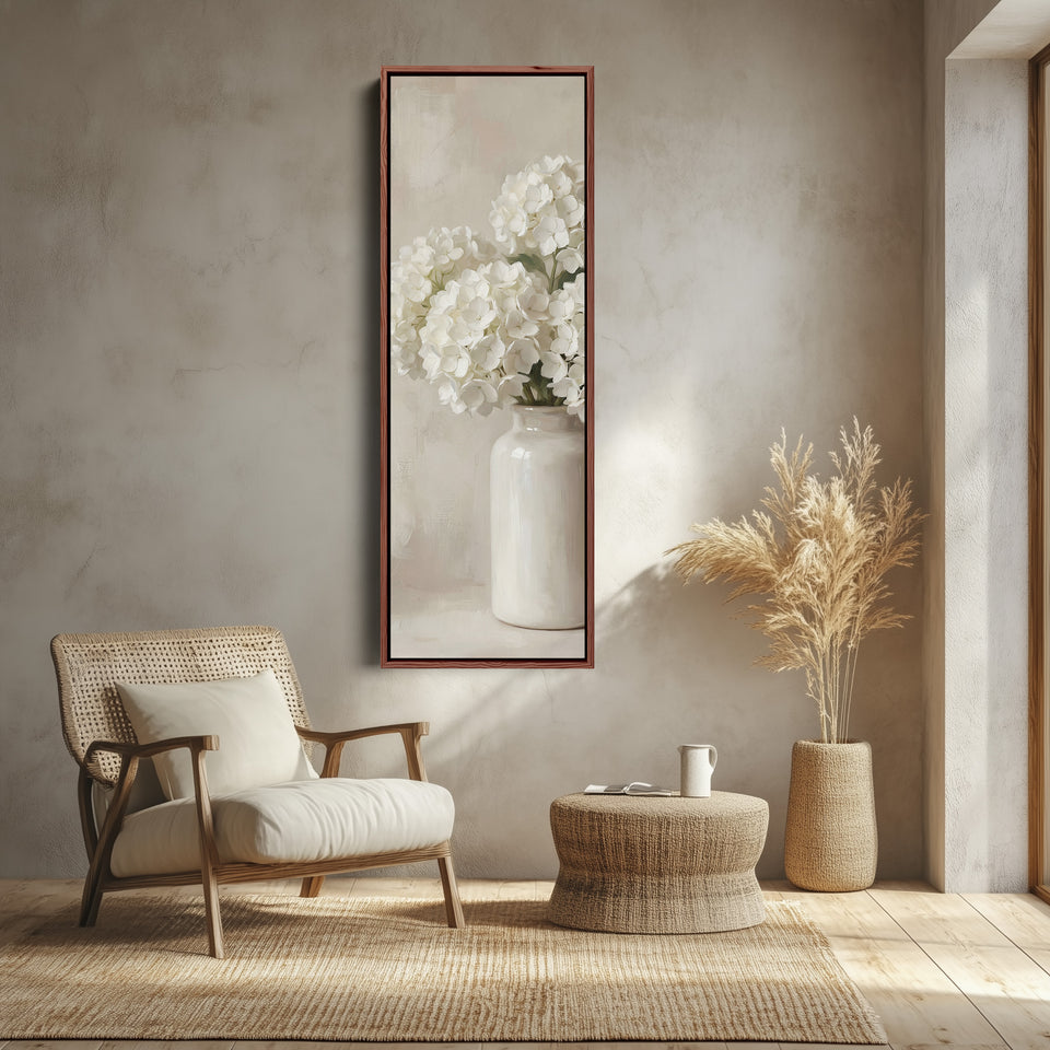 White Hydrangea Tall Wall Art Neutral Canvas Bedroom