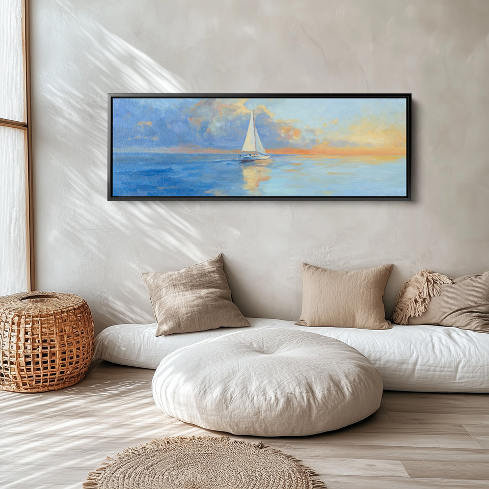 Long Horizontal Canvas Sailboat On Calm Sea For Bedroom Coastal Sunset Scene