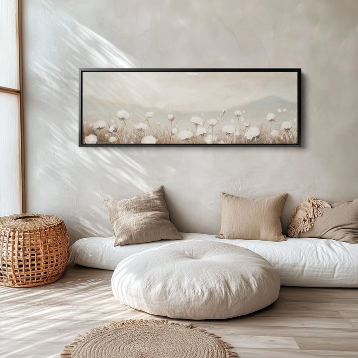 Extra Long Wall Art Soft White Wildflowers For Living Room Neutral Floral Scene
