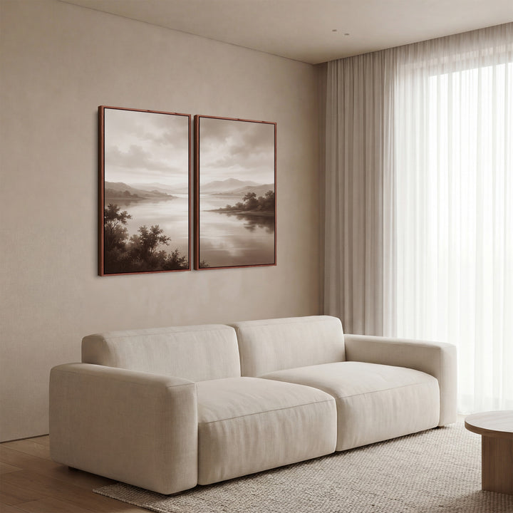 Oversized Diptych Wall Art Misty Lake Mountains for Bedroom Neutral Nature
