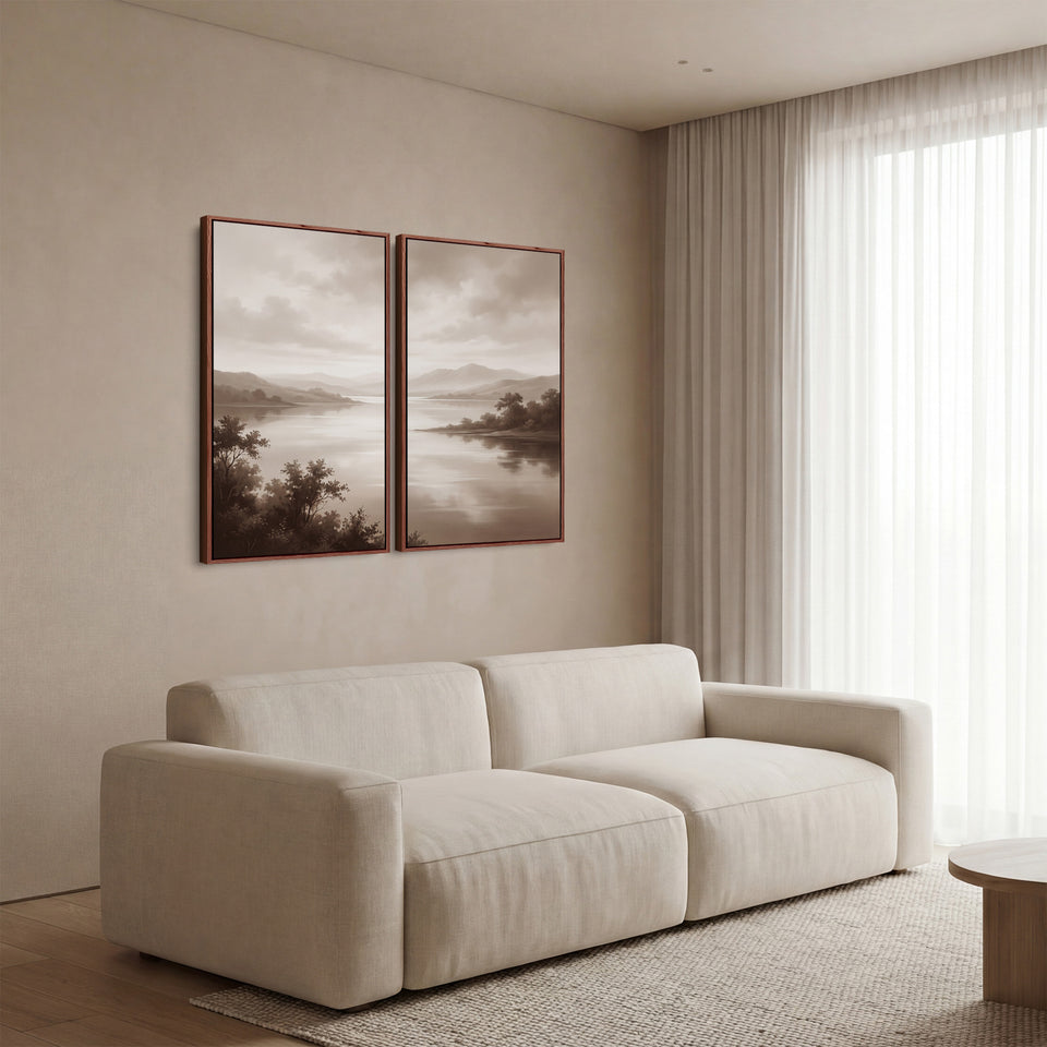 Oversized Diptych Wall Art Misty Lake Mountains for Bedroom Neutral Nature