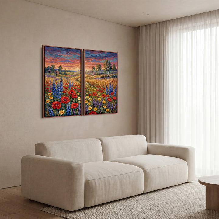 Set Of 2 Wall Art Colourful Wildflower Meadow for Dining Room Sunset Path