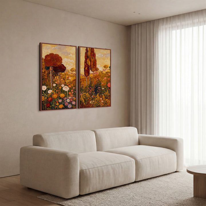 Golden Floral Landscape 2 Piece Wall Art Set for Hallway Countryside Scene