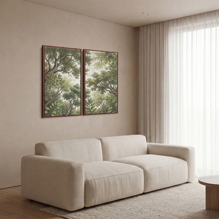 Vertical Diptych Wall Art Woodland Canopy Drawing for Bedroom Green Trees
