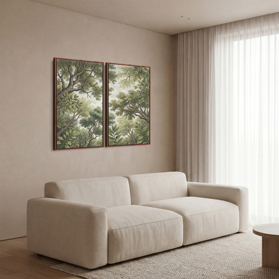 Vertical Diptych Wall Art Woodland Canopy Drawing for Bedroom Green Trees