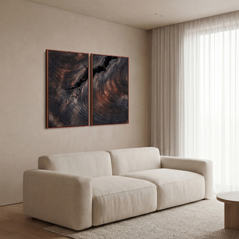 Large Diptych Wall Art Dark Wood Grain for Office Minimalist Abstract