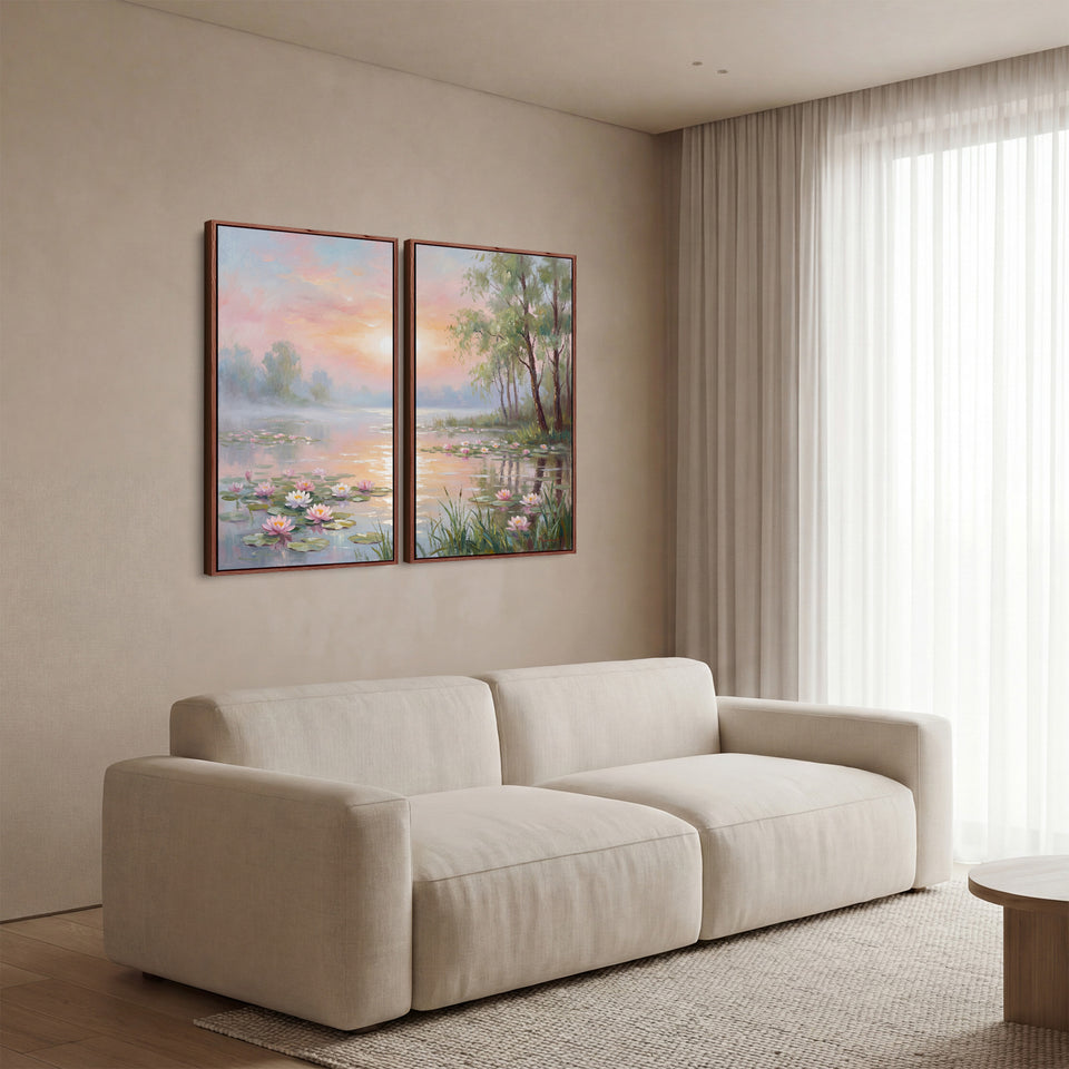 Oversized Canvas Wall Art Set Pastel Water Lilies for Bedroom Lake Scene