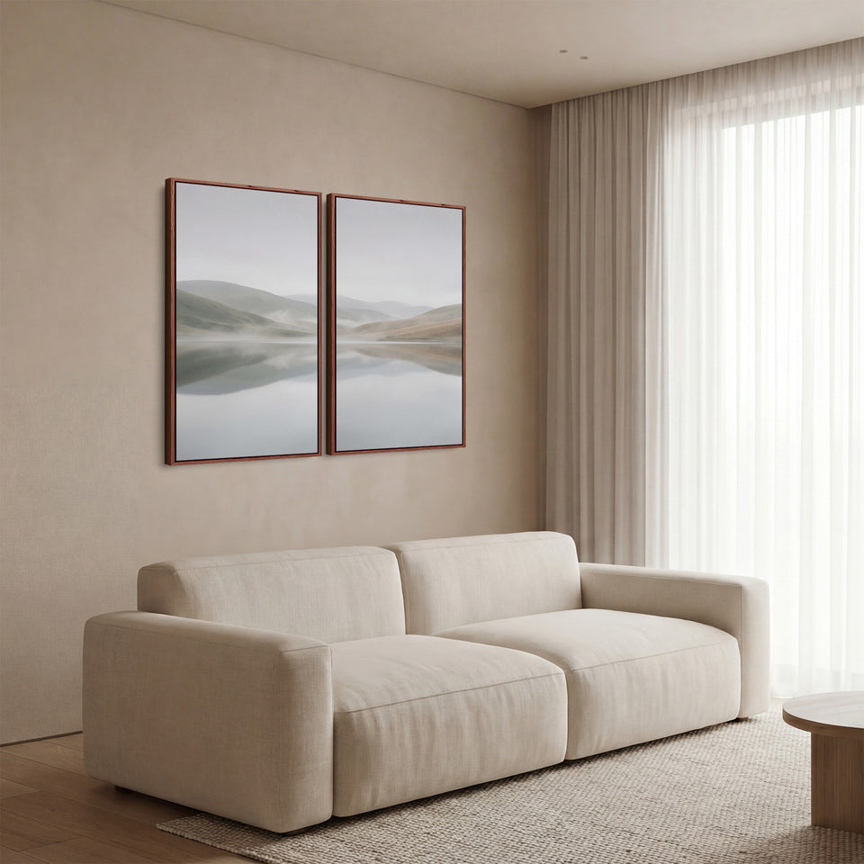 Large Scale Wall Art Set Misty Lake Hills for Living Room Minimal Landscape